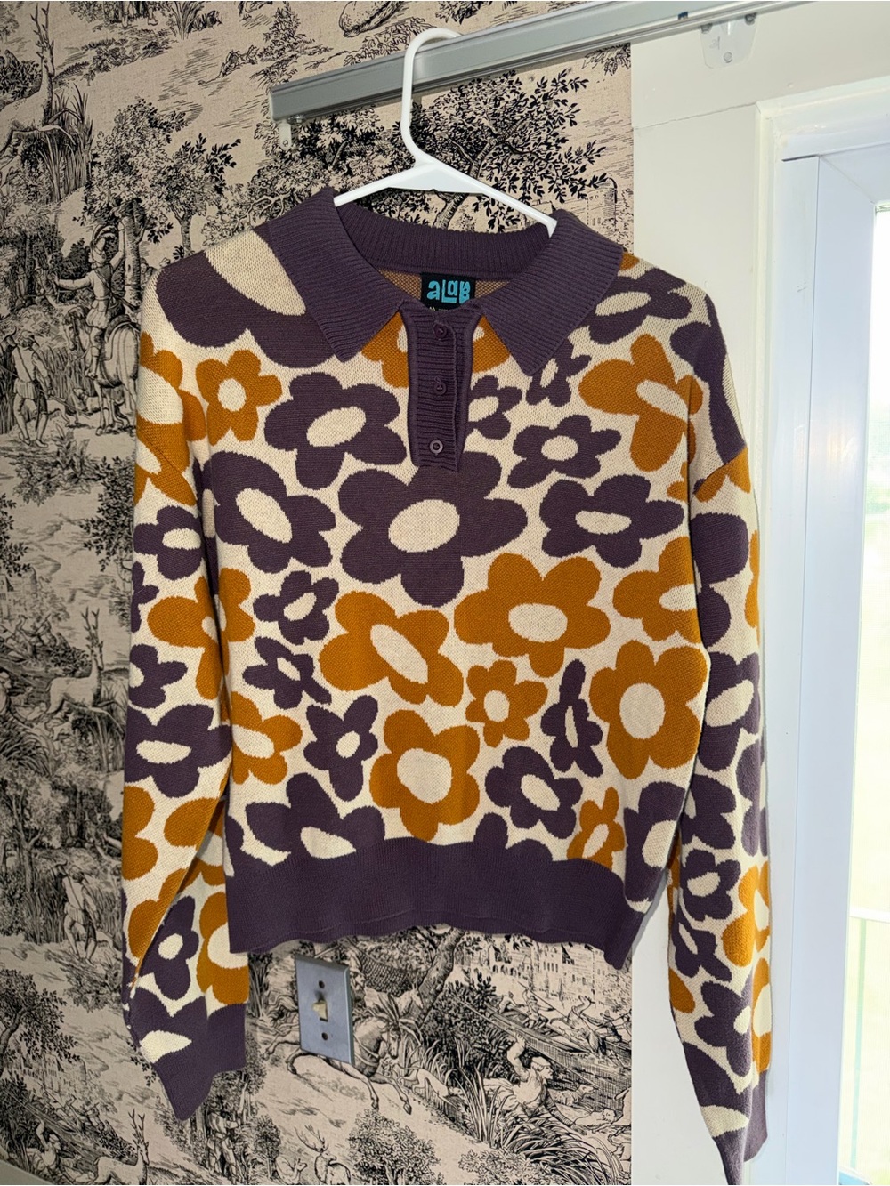 Floral Knit Polo Sweater in Purple, Mustard & Cream